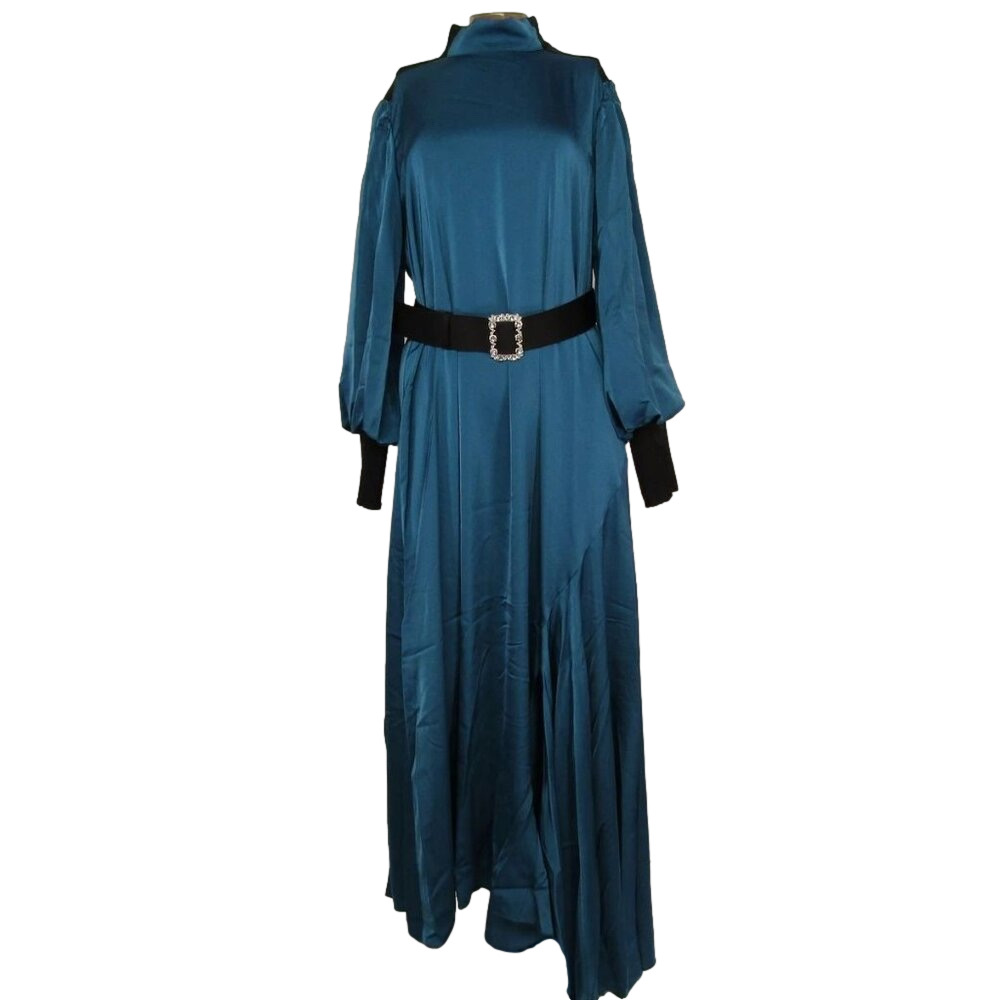NEW BYRD  Camilla Maxi Dress – Size M – Blue – Long Sleeve, High Neck, Belted
